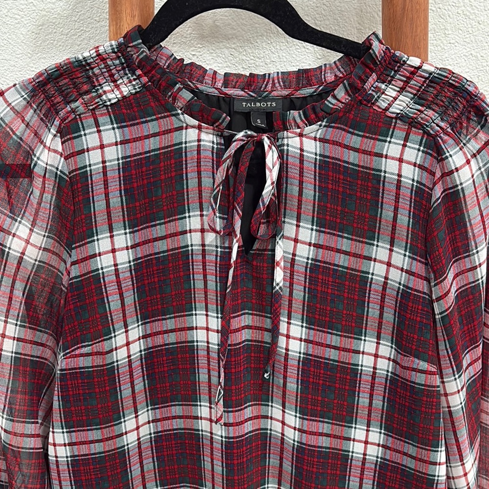 Talbots Red and White Smocked Tie Front Blouse
